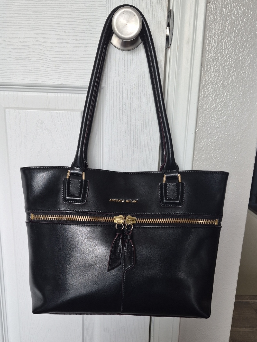 ANTONIO MELANI Black Pleather Tote with Gold Zipper Detail